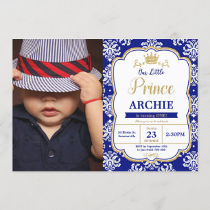Invitation Little Prince 1er anniversaire Royal Blue Damask P