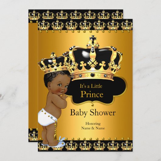 Invitation Little Prince Baby shower Boy Crown Gold Ethnic (Devant / Derrière)
