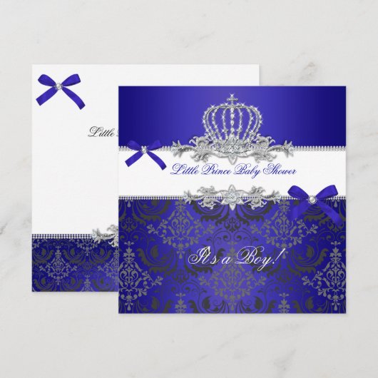 Invitation Little Prince Baby shower Boy Royal Blue Crown (Devant / Derrière)