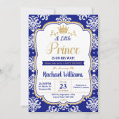 Invitation Little Prince Baby shower Royal Blue Damask Boy (Devant)