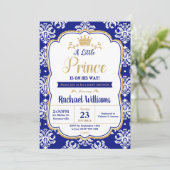 Invitation Little Prince Baby shower Royal Blue Damask Boy (Debout devant)