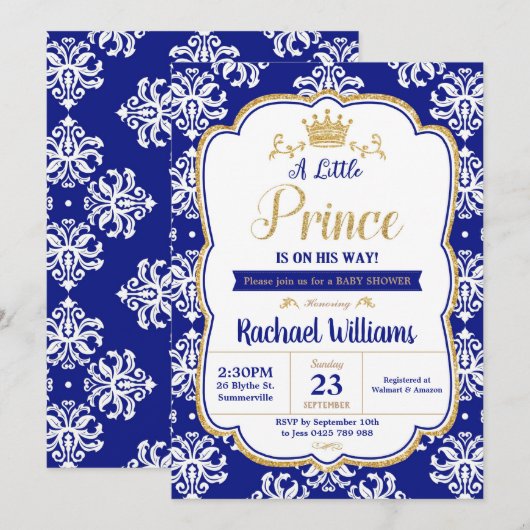 Invitation Little Prince Baby shower Royal Blue Damask Boy (Devant / Derrière)