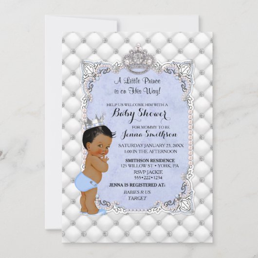 Invitation Little Prince Blue Pearls Diamonds Baby Boy (Devant)