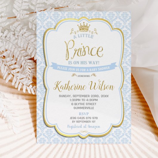 Invitation Little Prince Boy Baby shower Blue Damask