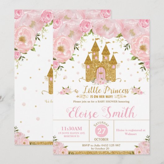 Invitation Little Princess Baby shower Castle Rose Floral (Devant / Derrière)