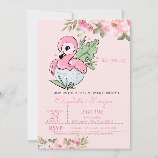 Invitation Little Princess, Flamant rose bébé Baby shower flo (Devant)