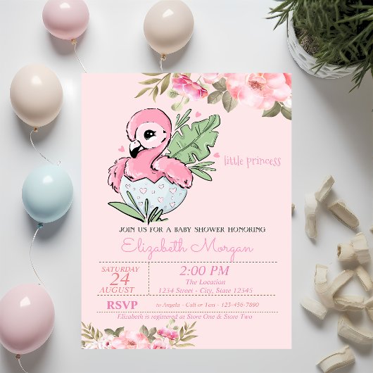 Invitation Little Princess, Flamant rose bébé Baby shower flo