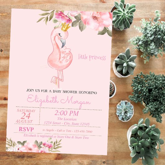 Invitation Little Princess, Flamant rose   Floral Baby shower