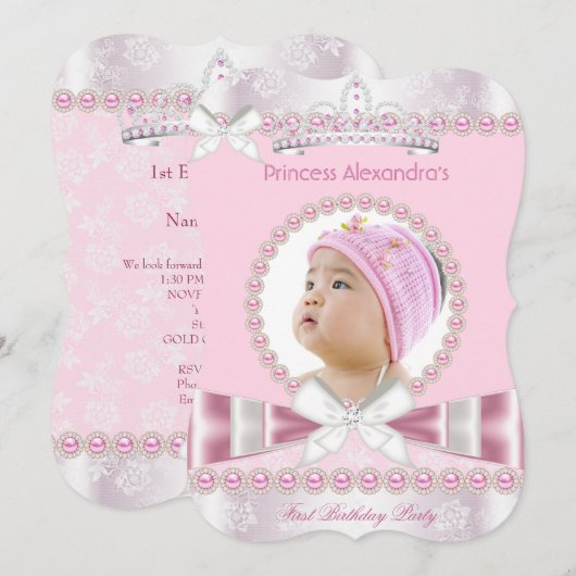 Invitation Little Princess Girl 1er anniversaire (Devant / Derrière)