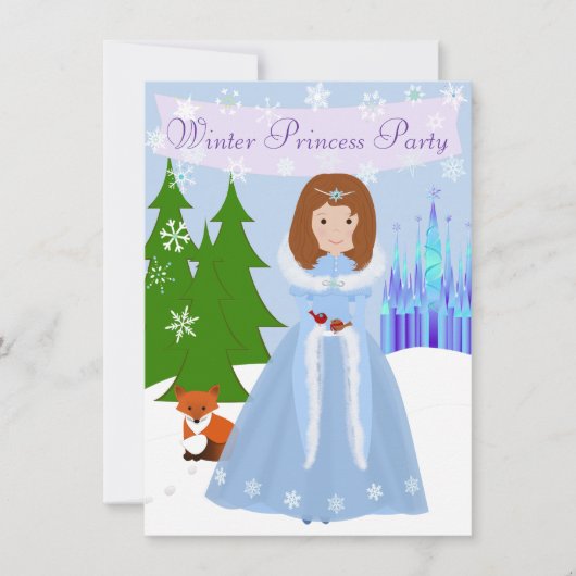 Invitation Little Princess Winter Party Brown Hair (Devant)