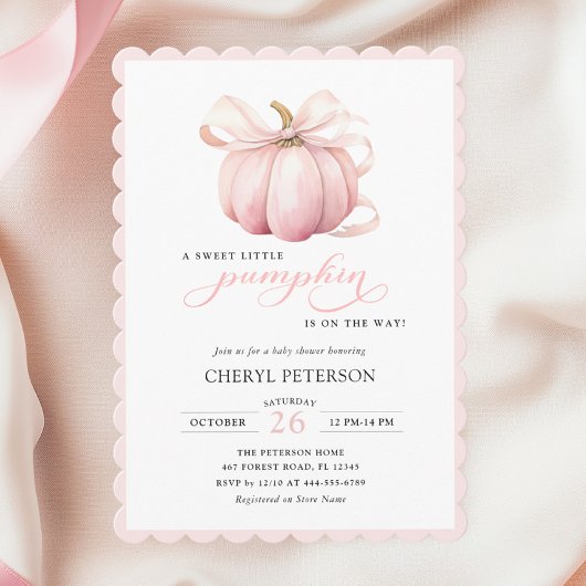 Invitation Little Pumpkin on the Way Pink Bow Baby Shower