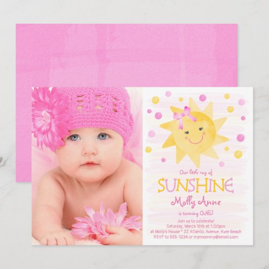 Invitation Little Ray of Sunshine Aquarelle Anniversaire (Devant / Derrière)