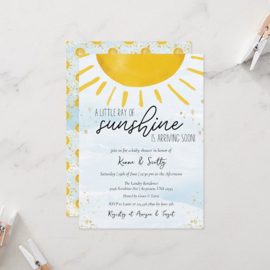 Invitation Little Ray of Sunshine Baby Boy Douche (Devant/Arrière en situation)