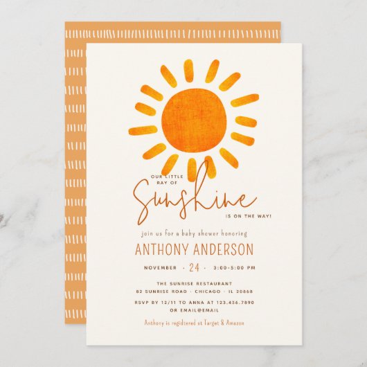 Invitation Little Ray Of Sunshine Baby shower Neutre Pour Les (Devant / Derrière)