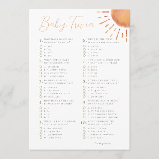 Invitation Little Ray of Sunshine Baby Trivia Shower Game (Devant)