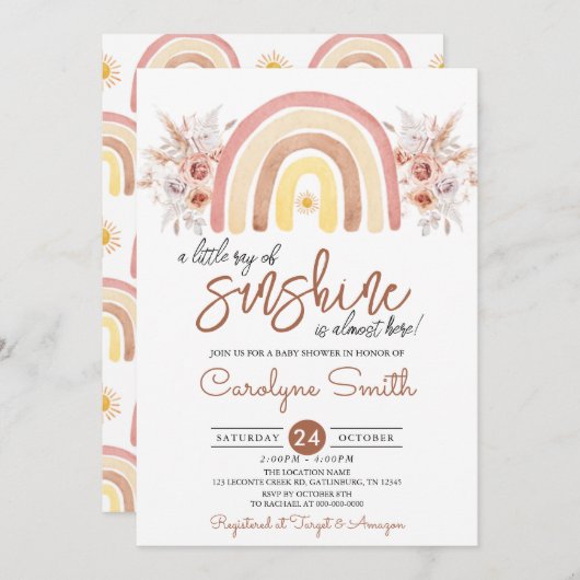 Invitation Little Ray of Sunshine Boho Baby shower arc-en-cie (Devant / Derrière)