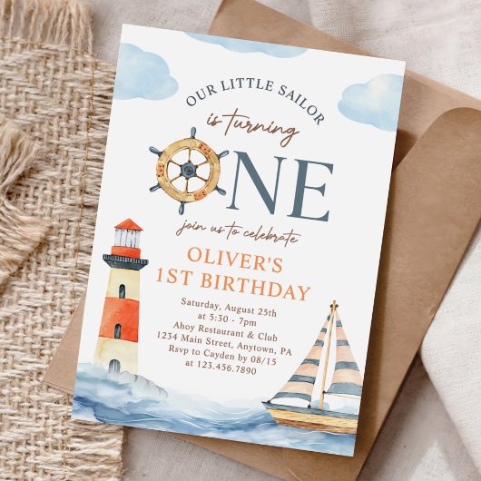 Invitation Little Sailor Nautical Blue Pastel 1er Anniversair