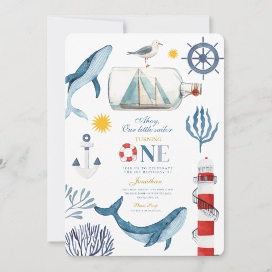 Invitation Little Sailor Sea Whale Lighthouse 1er anniversair (Devant)