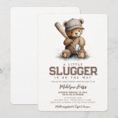 Invitation Little Slugger Neutral Teddy Baseball Baby Shower (Devant / Derrière)