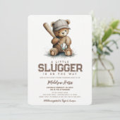 Invitation Little Slugger Neutral Teddy Baseball Baby Shower (Debout devant)
