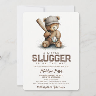 Invitation Little Slugger Neutral Teddy Baseball Baby Shower