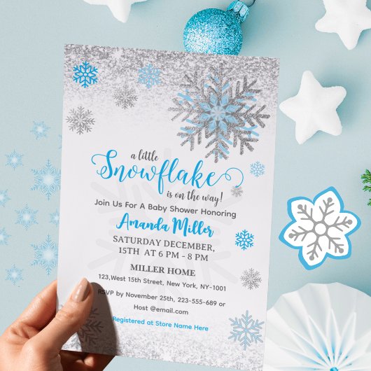 Invitation Little Snow Flake Blue Silver Glittery Baby Shower