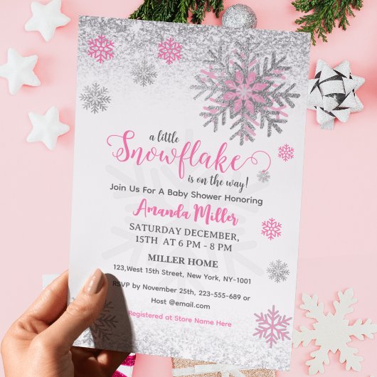 Invitation Little Snow Flake Pink Silver Glittery Baby Shower