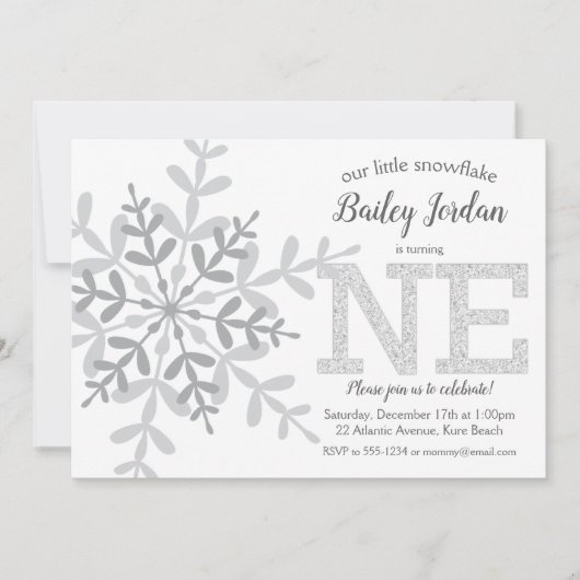 Invitation Little Snowflake Parties scintillant en argent 1er (Devant)