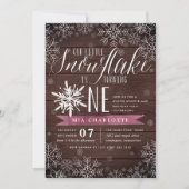 Invitation Little Snowflake Plum Bois rustique Premier annive (Devant)