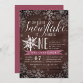 Invitation Little Snowflake Plum Bois rustique Premier annive (Devant / Derrière)