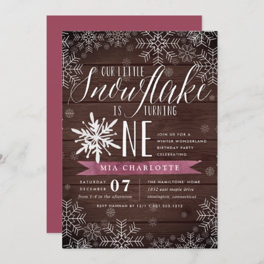 Invitation Little Snowflake Plum Bois rustique Premier annive (Devant / Derrière)