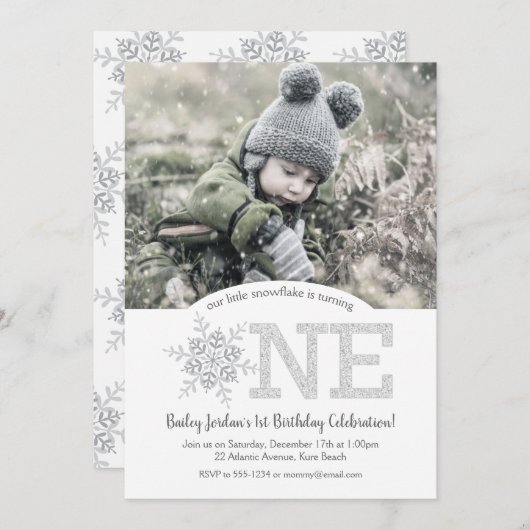 Invitation Little Snowflake Silver Parties scintillant 1er an (Devant / Derrière)