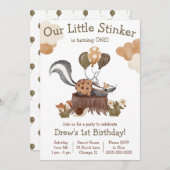 Invitation Little Stinker, Skunk, Woodland Birdday Party (Devant / Derrière)