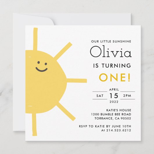 Invitation Little Sunshine 1er anniversaire Carré de fête Inv (Devant)