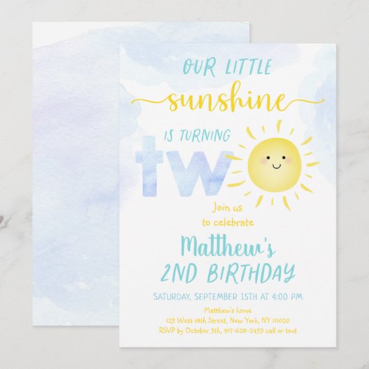 Invitation Little Sunshine Boy Deuxième anniversaire (Devant / Derrière)