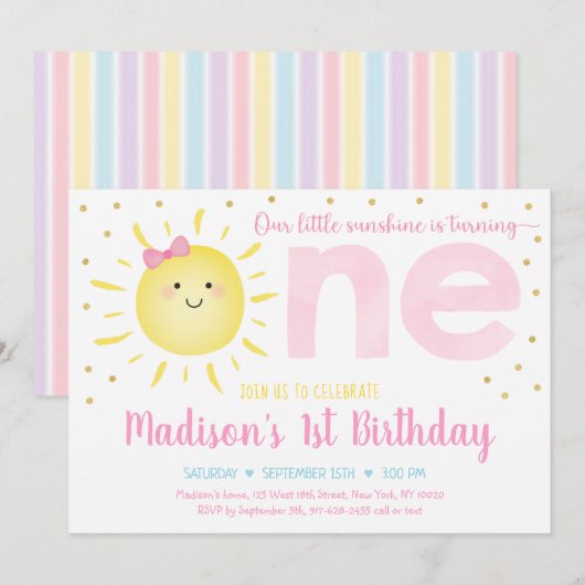 Invitation Little Sunshine Pastel Pink Gold Premier anniversa (Devant / Derrière)