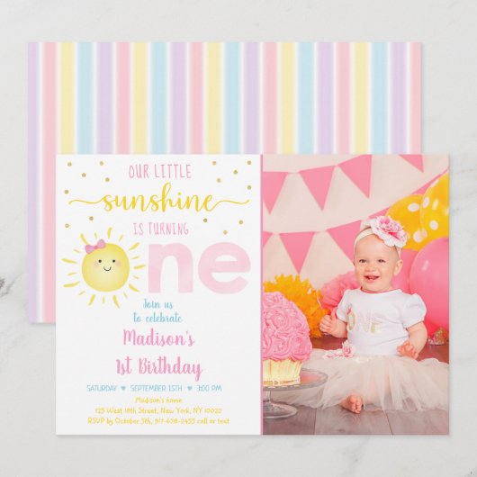 Invitation Little Sunshine Pastel Pink Gold Premier anniversa (Devant / Derrière)