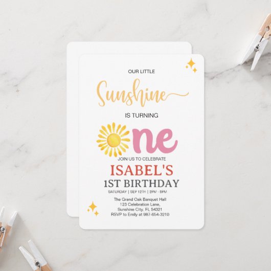 Invitation Little Sunshine Premier anniversaire, Sunshine 1er (Devant/Arrière en situation)