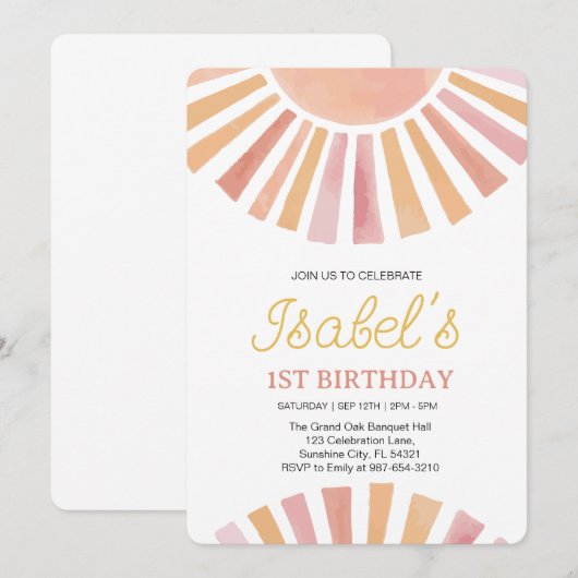 Invitation Little Sunshine Premier anniversaire, Sunshine 1er (Devant / Derrière)