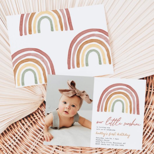 Invitation Little Sunshine Rainbow Photo Anniversaire Invitat