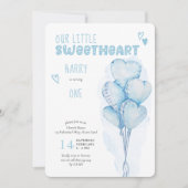 Invitation Little Sweetheart Blue Heart Ballons 1er anniversa (Devant)