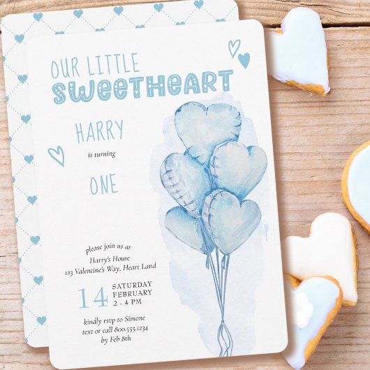 Invitation Little Sweetheart Blue Heart Ballons 1er anniversa