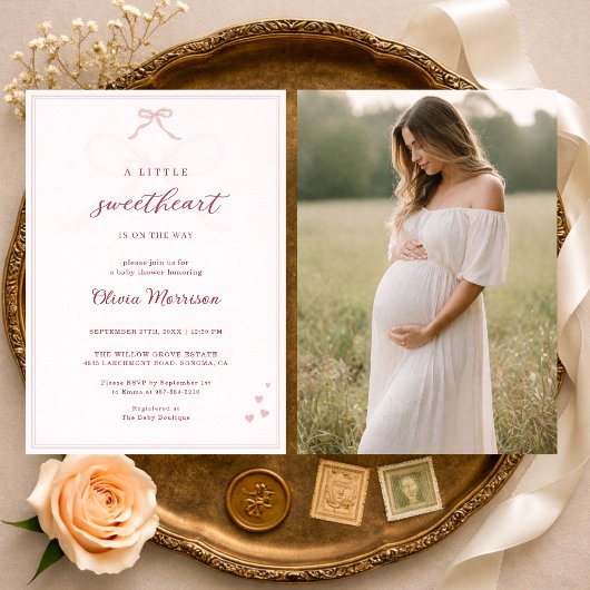 Invitation Little Sweetheart Pink Bow Photo Baby Shower