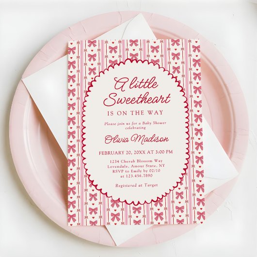 Invitation Little Sweetheart Pink Red Bow Baby Shower
