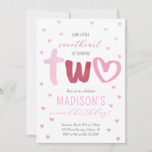 Invitation Little Sweetheart Pink Red Hearts 2e anniversaire