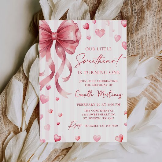 Invitation Little Sweetheart Valentine Bow 1st Birthday