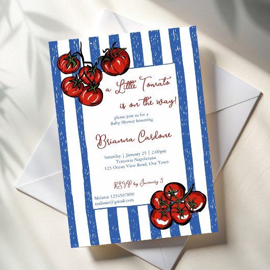 Invitation Little tomato blue stripes Italian baby shower