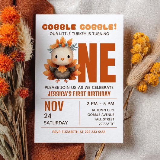 Invitation Little Turkey Gobble Thanksgiving 1st Birthday