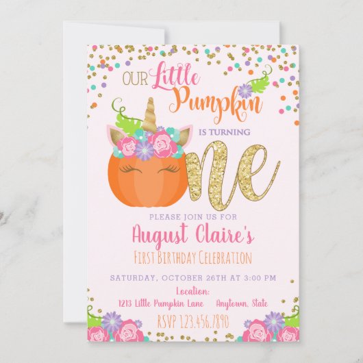 Invitation Little Unicorn Citrouille Automne Anniversaire Inv (Devant)