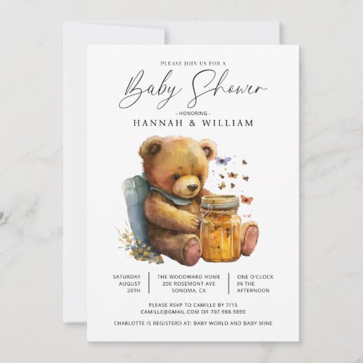 Invitation Little Watercolor Teddy Bear Baby shower (Devant)